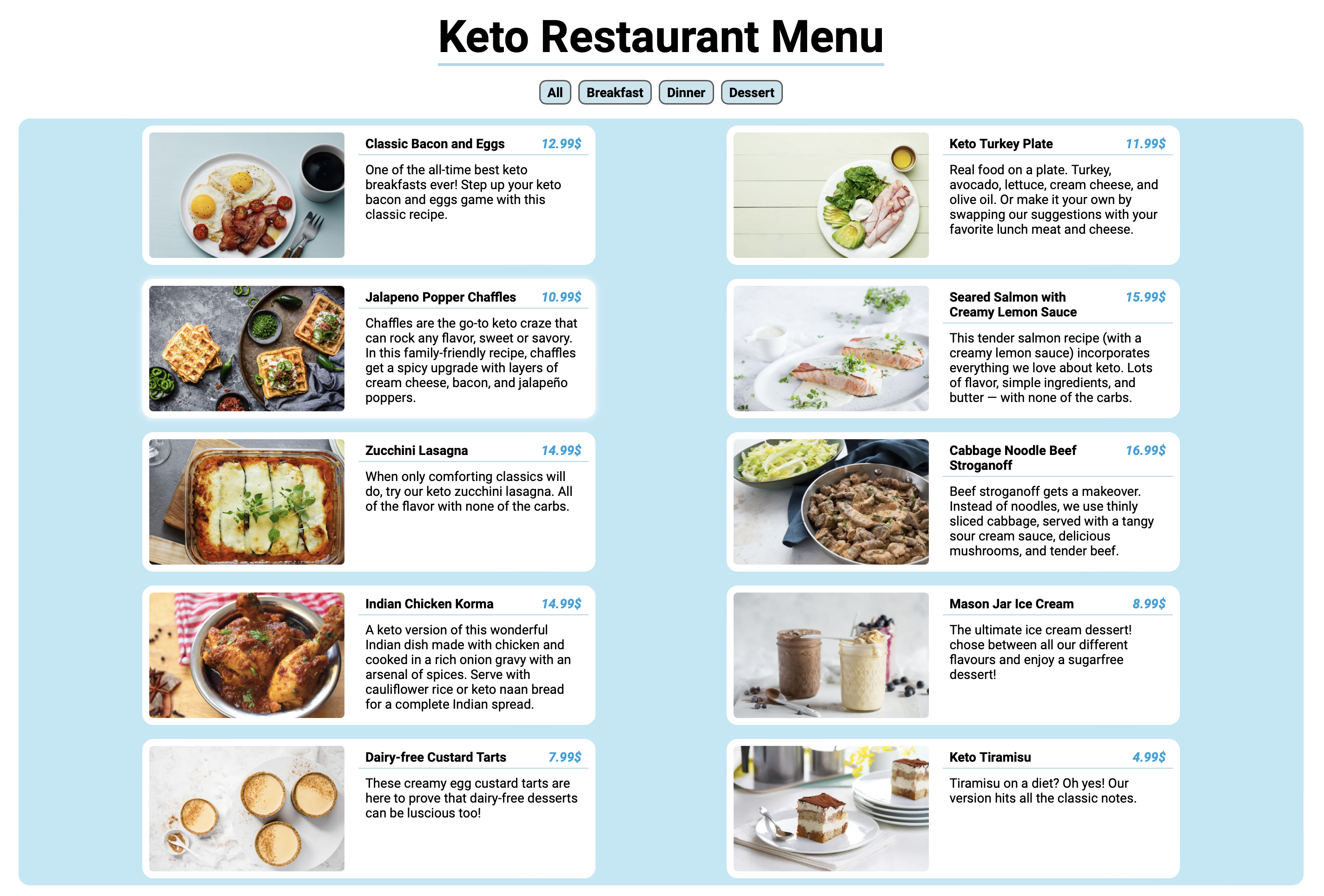 Keto Restaurant Menu